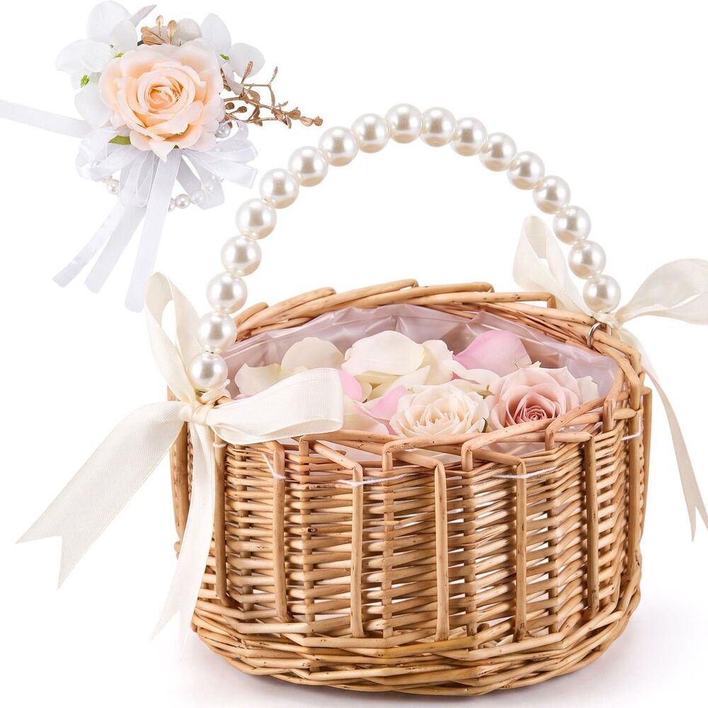 Thyle Wicker Flower Girl Basket with Wrist Corsage Set